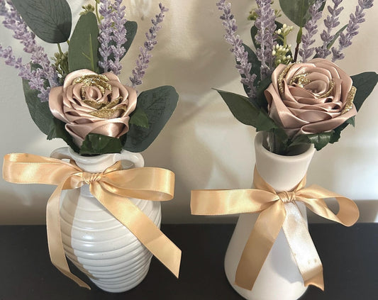 Mini Ribbon Rose Bouquet: Taupe Satin, Lavender Accents, Gold Bow