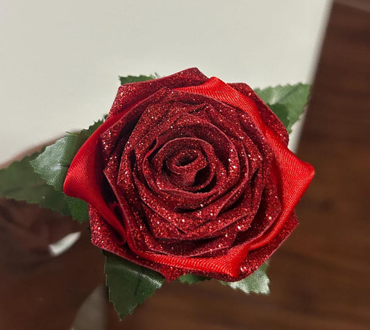 Red Glitter Ribbon Rose Bouquet: Handmade Keepsake in Blush Vase