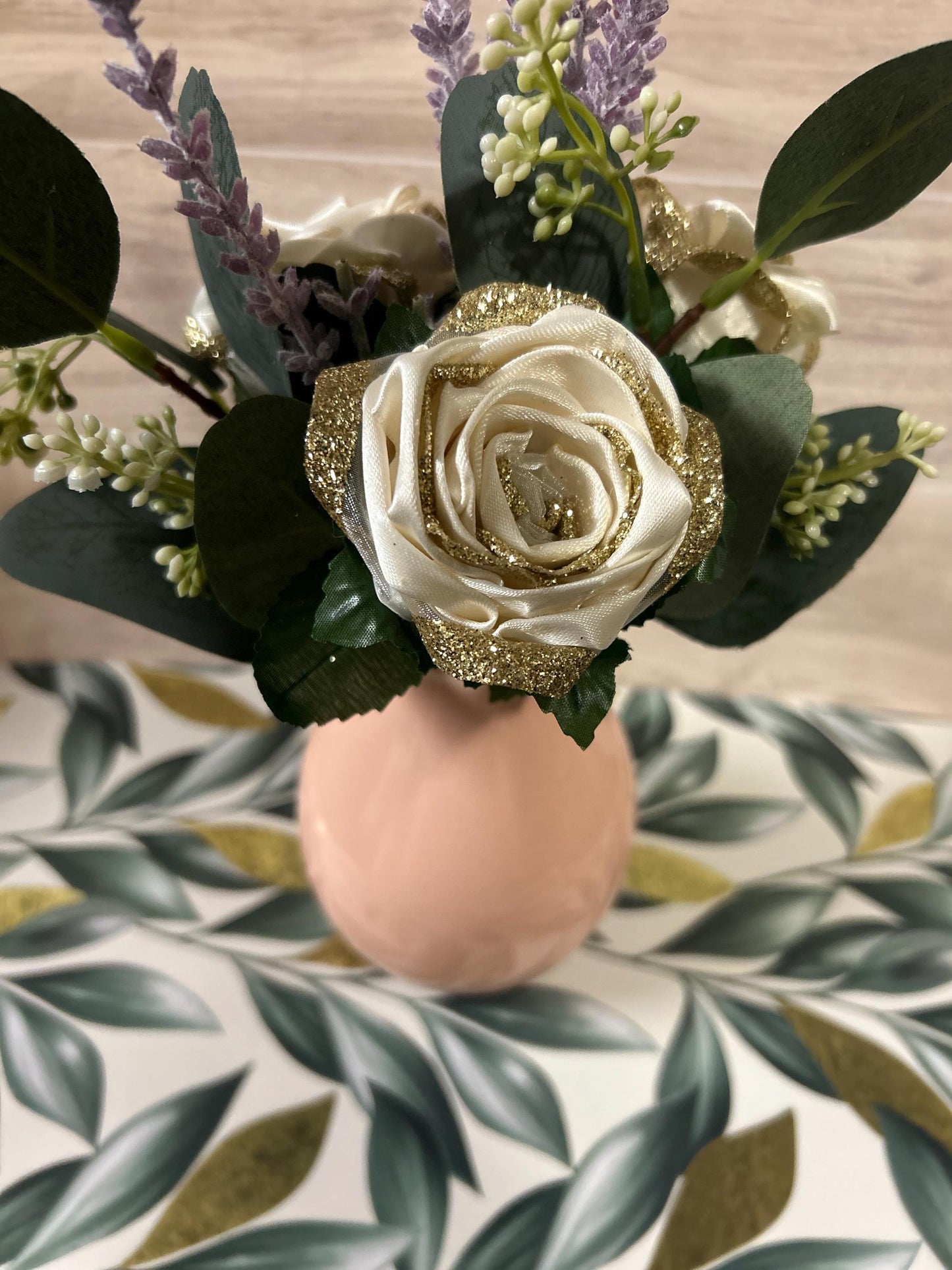 Small Gold & Cream Ribbon Rose Bouquet with Lavender- Faux Floral Arrangement in Pink Vase