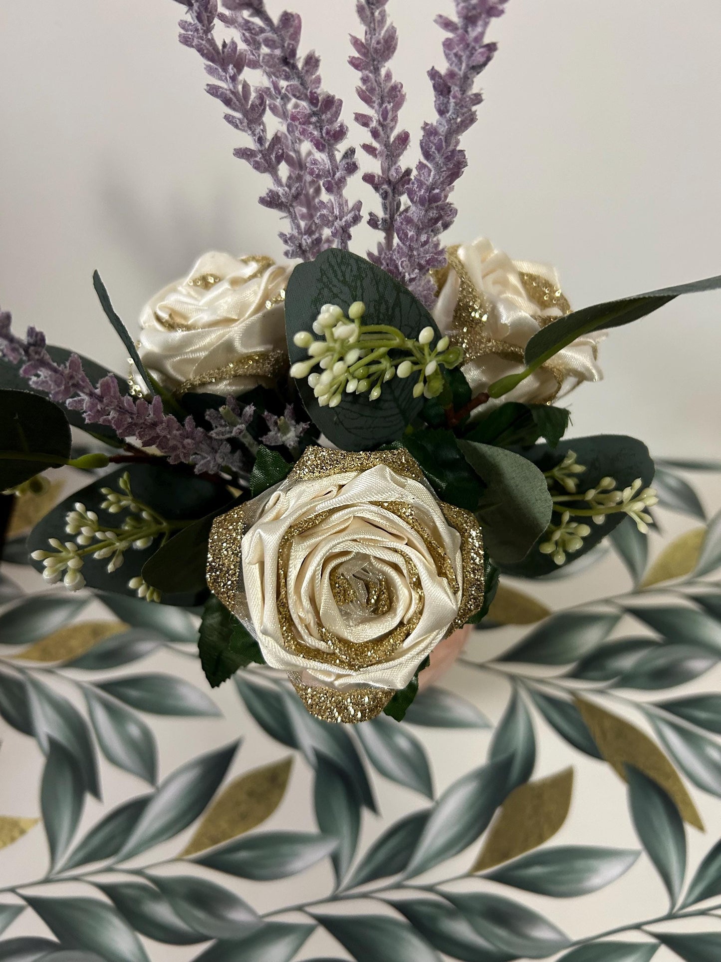 Small Gold & Cream Ribbon Rose Bouquet with Lavender- Faux Floral Arrangement in Pink Vase