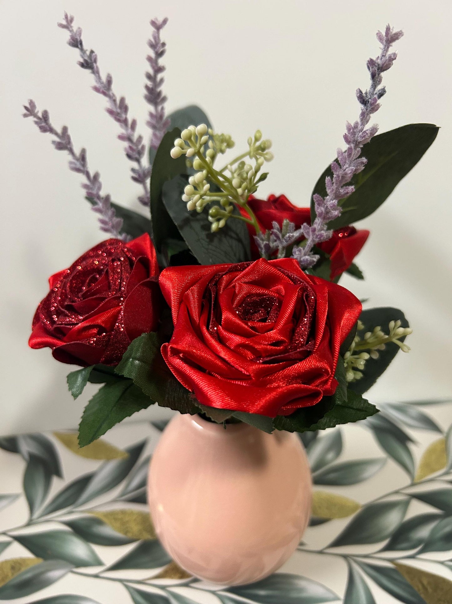 Red Glitter Ribbon Rose Bouquet: Handmade Keepsake in Blush Vase