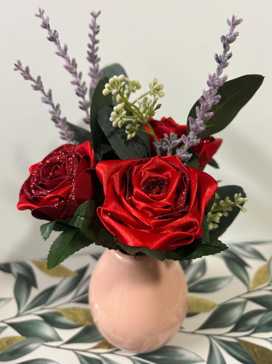 Red Glitter Ribbon Rose Bouquet: Handmade Keepsake in Blush Vase