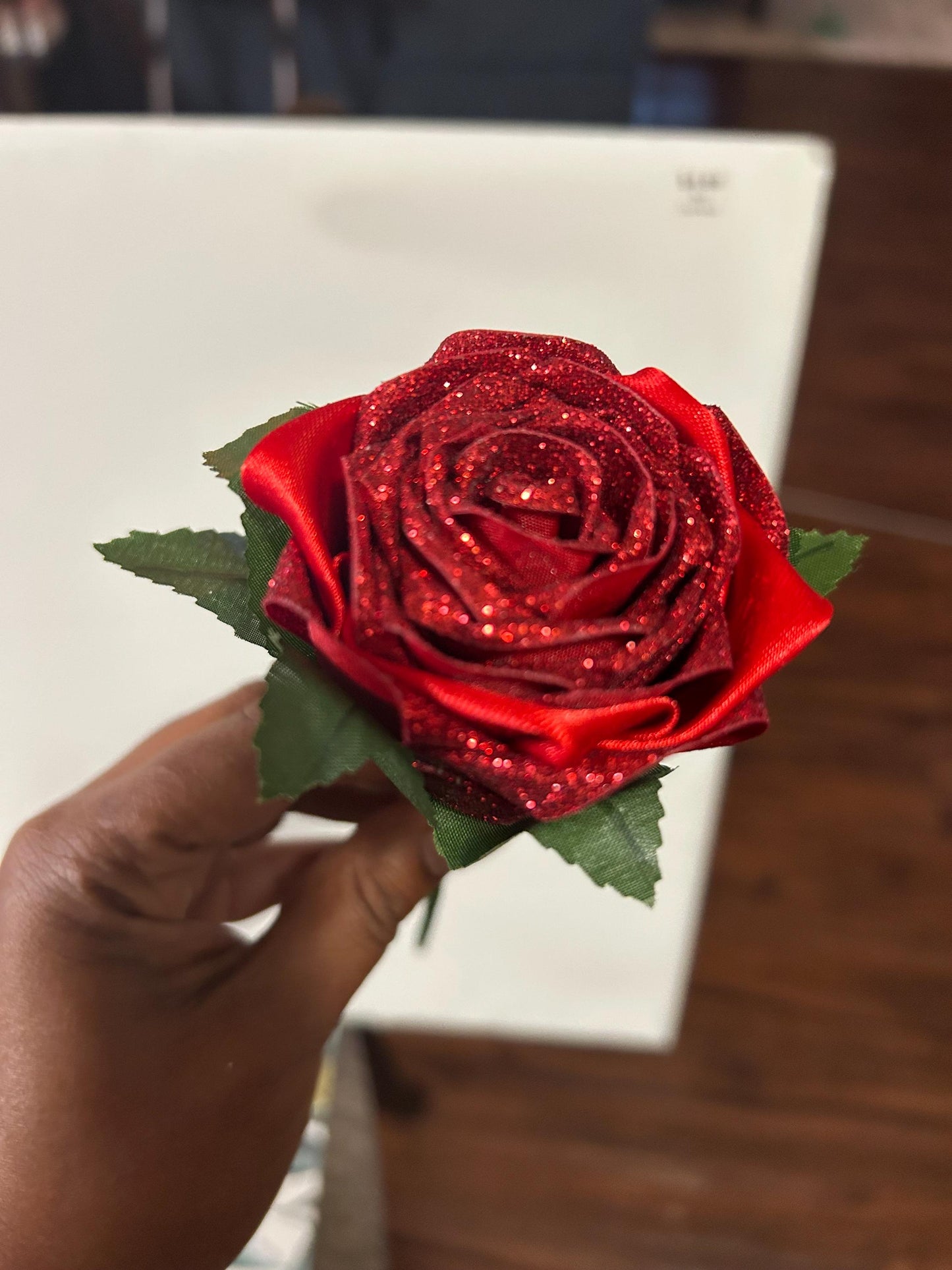 Red Glitter Ribbon Rose Bouquet: Handmade Keepsake Flower in Blush Vase