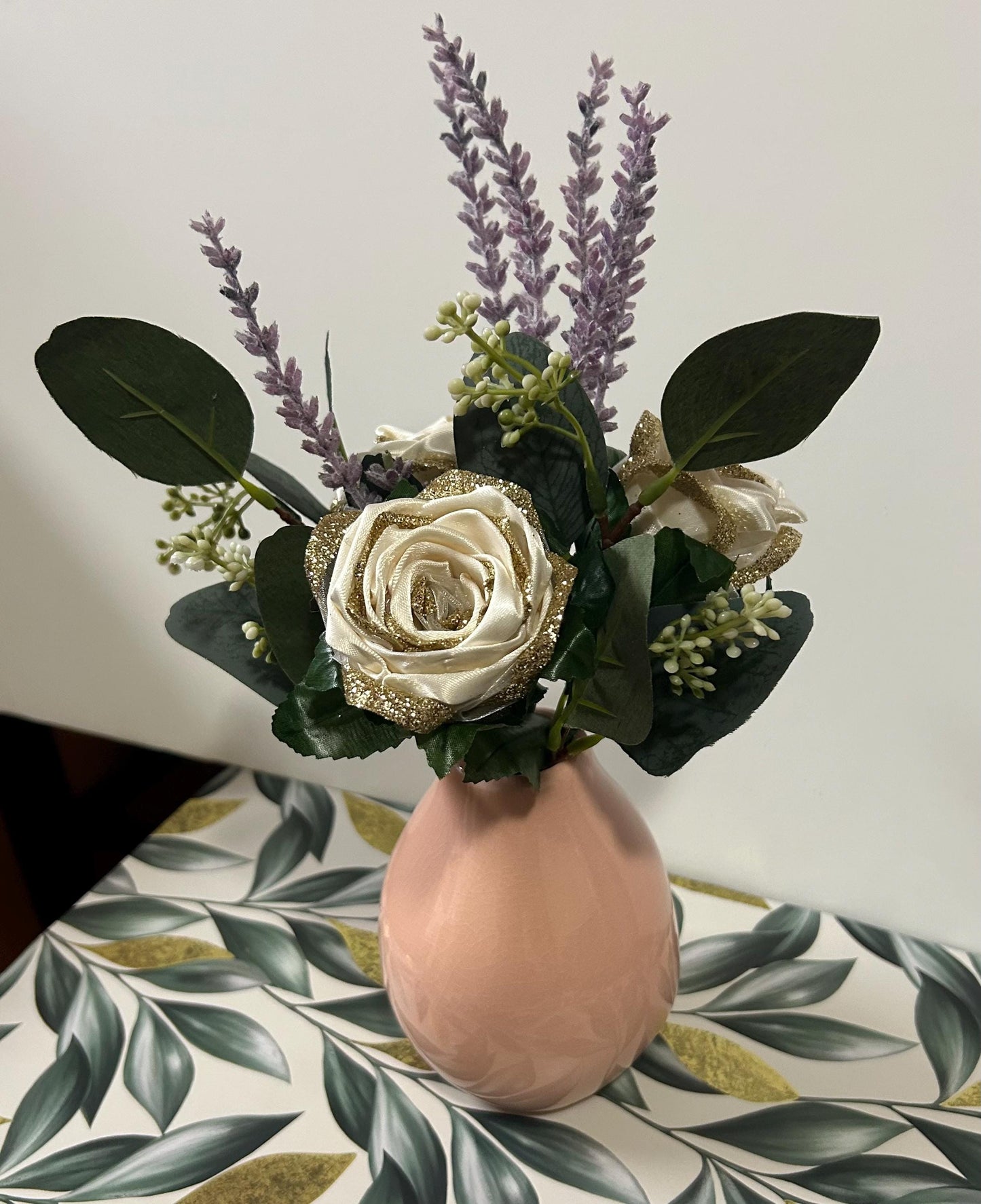 Small Gold & Cream Ribbon Rose Bouquet with Lavender- Faux Floral Arrangement in Pink Vase
