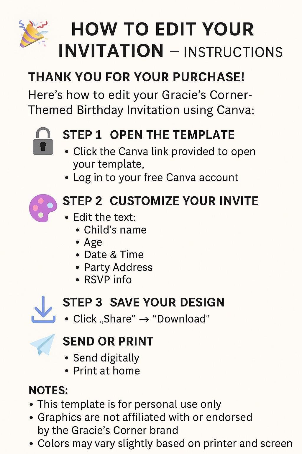 Editable Gracie's Corner- Themed Birthday Invitation | Girl Party Printable | Instant Download | Editable Canva Template