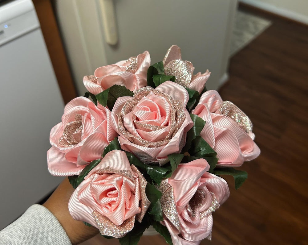 Glitter Rose Ribbon Bouquet: Handmade Satin Keepsake