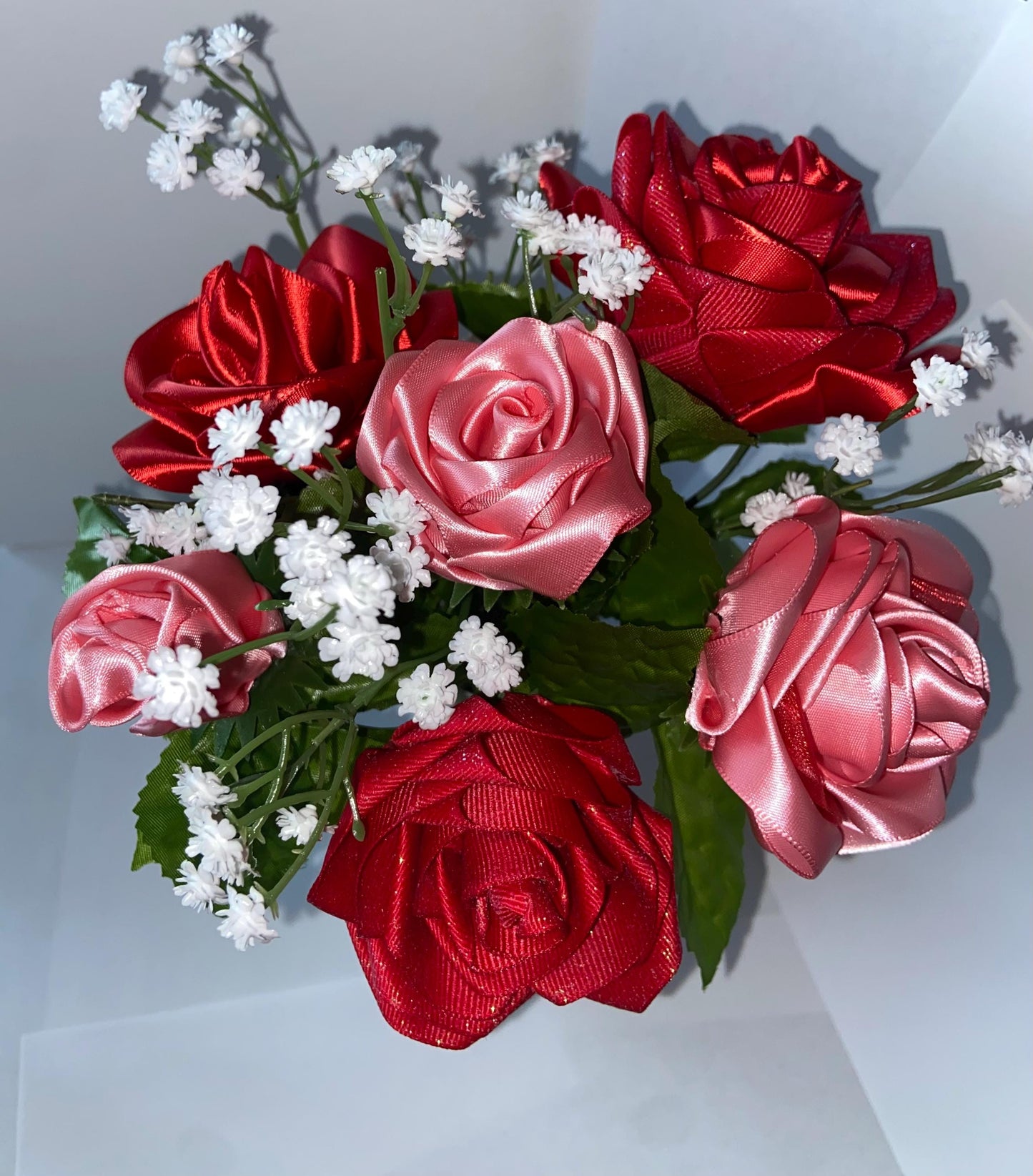 Ribbon Flower Bouquet- Handmade Keepsake Gift for Weddings, Birthdays, Baby Showers or Home Decor - Red & Pink Roses