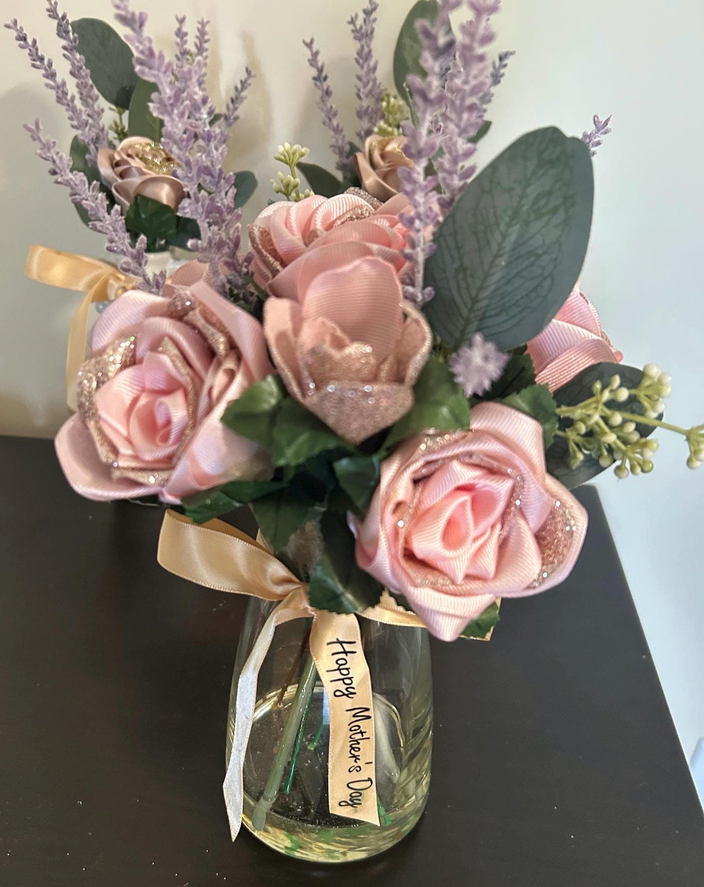 Lavender & Blush Ribbon Flower Bouquet: Rustic Wedding Keepsake with Eucalyptus