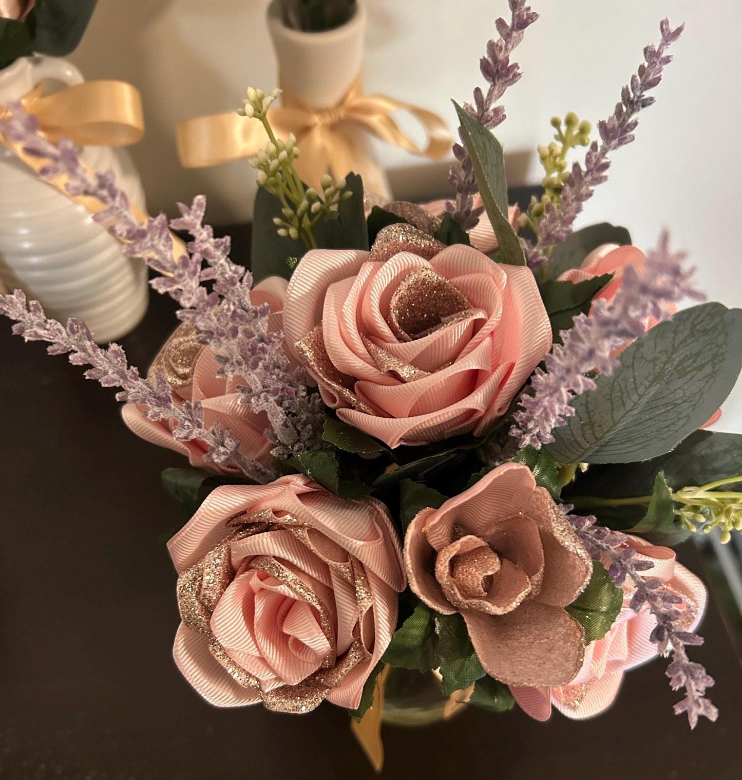 Lavender & Blush Ribbon Flower Bouquet: Rustic Wedding Keepsake with Eucalyptus
