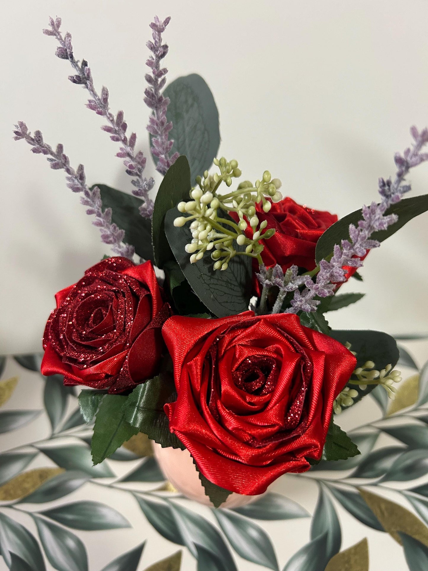 Red Glitter Ribbon Rose Bouquet: Handmade Keepsake in Blush Vase