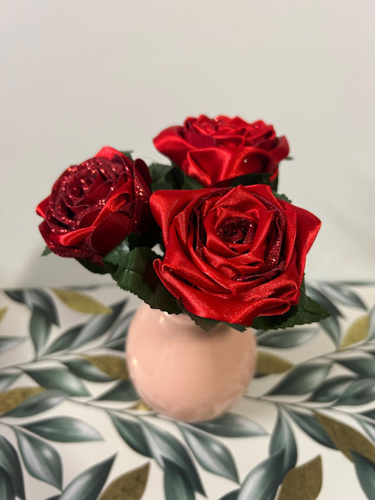 Red Glitter Ribbon Rose Bouquet: Handmade Keepsake Flower in Blush Vase
