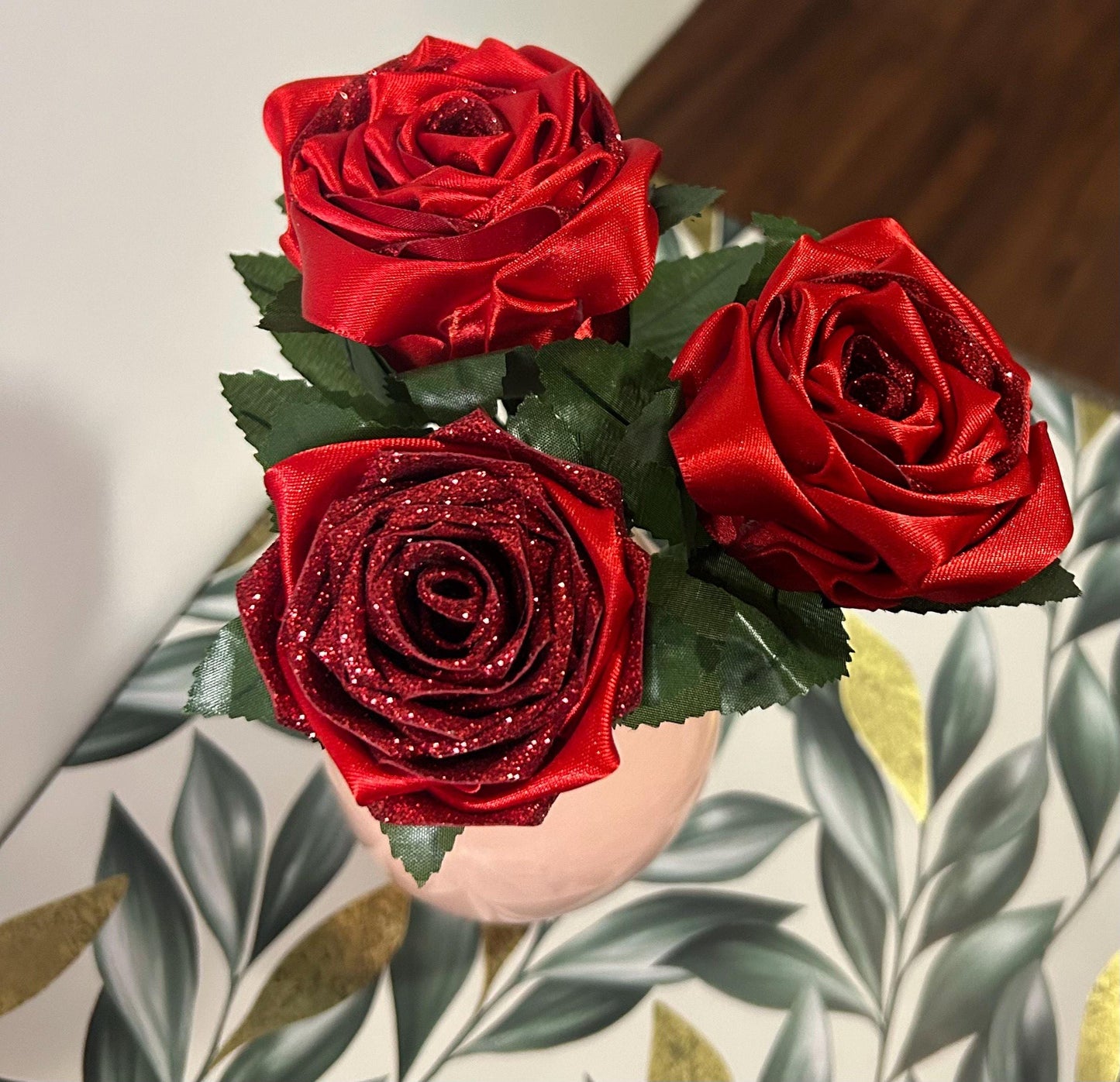 Red Glitter Ribbon Rose Bouquet: Handmade Keepsake Flower in Blush Vase