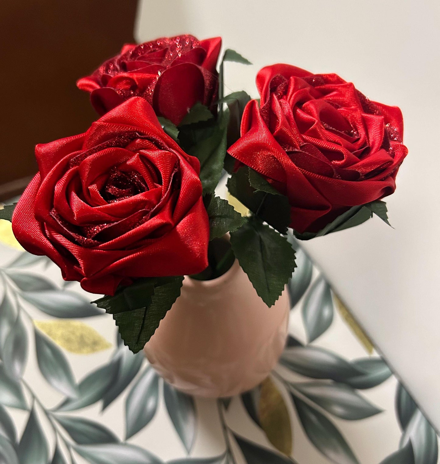 Red Glitter Ribbon Rose Bouquet: Handmade Keepsake Flower in Blush Vase