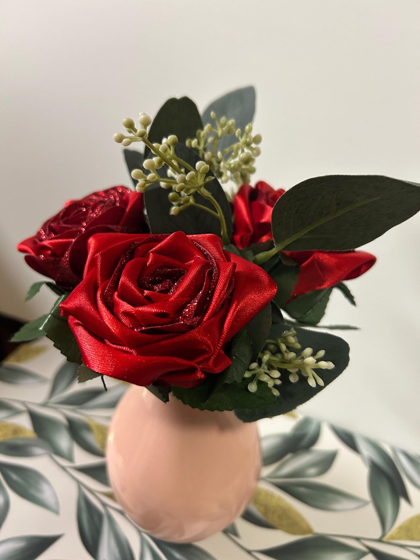 Red Glitter Ribbon Rose Bouquet: Handmade Keepsake Flower in Blush Vase