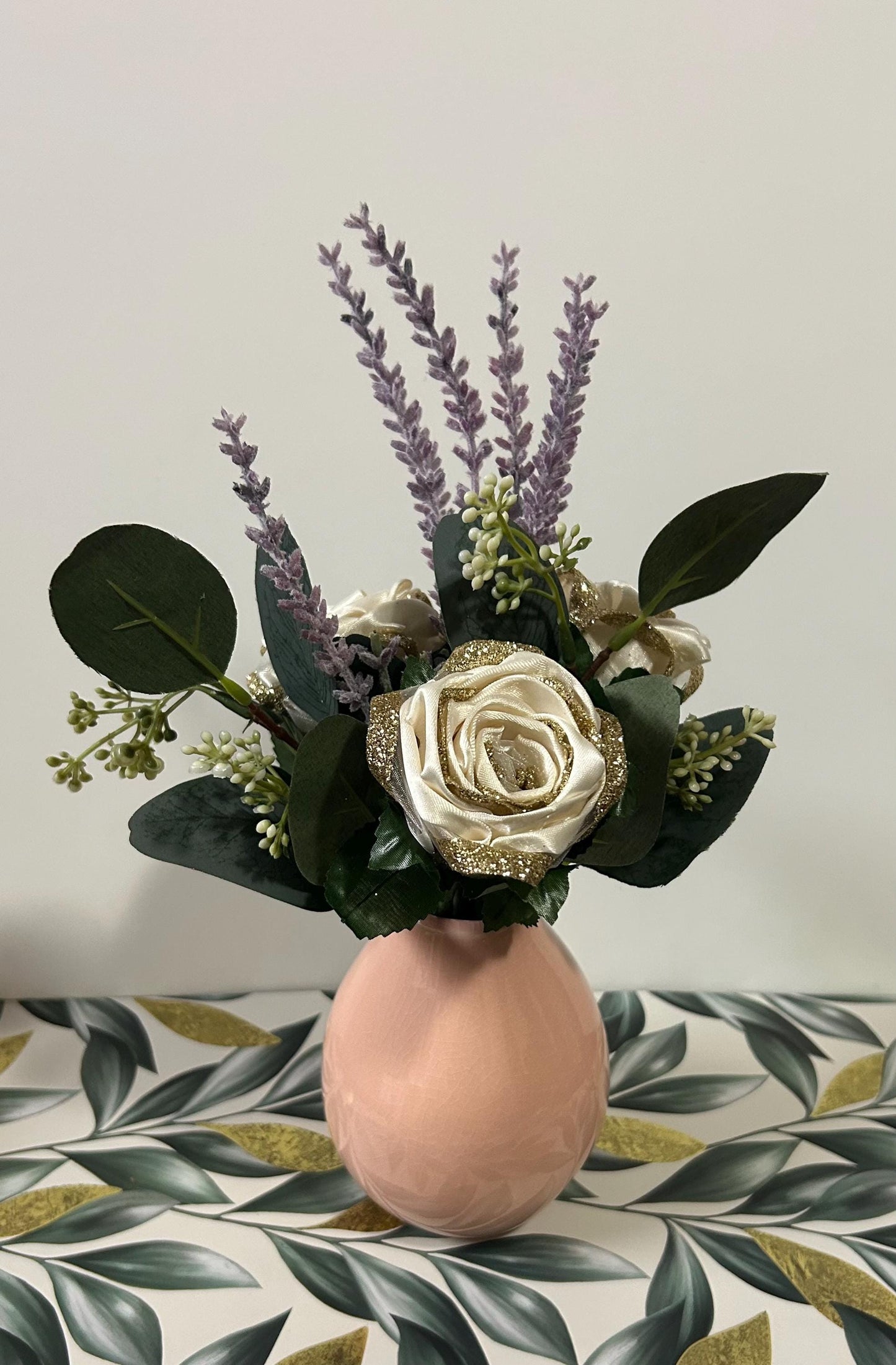 Small Gold & Cream Ribbon Rose Bouquet with Lavender- Faux Floral Arrangement in Pink Vase