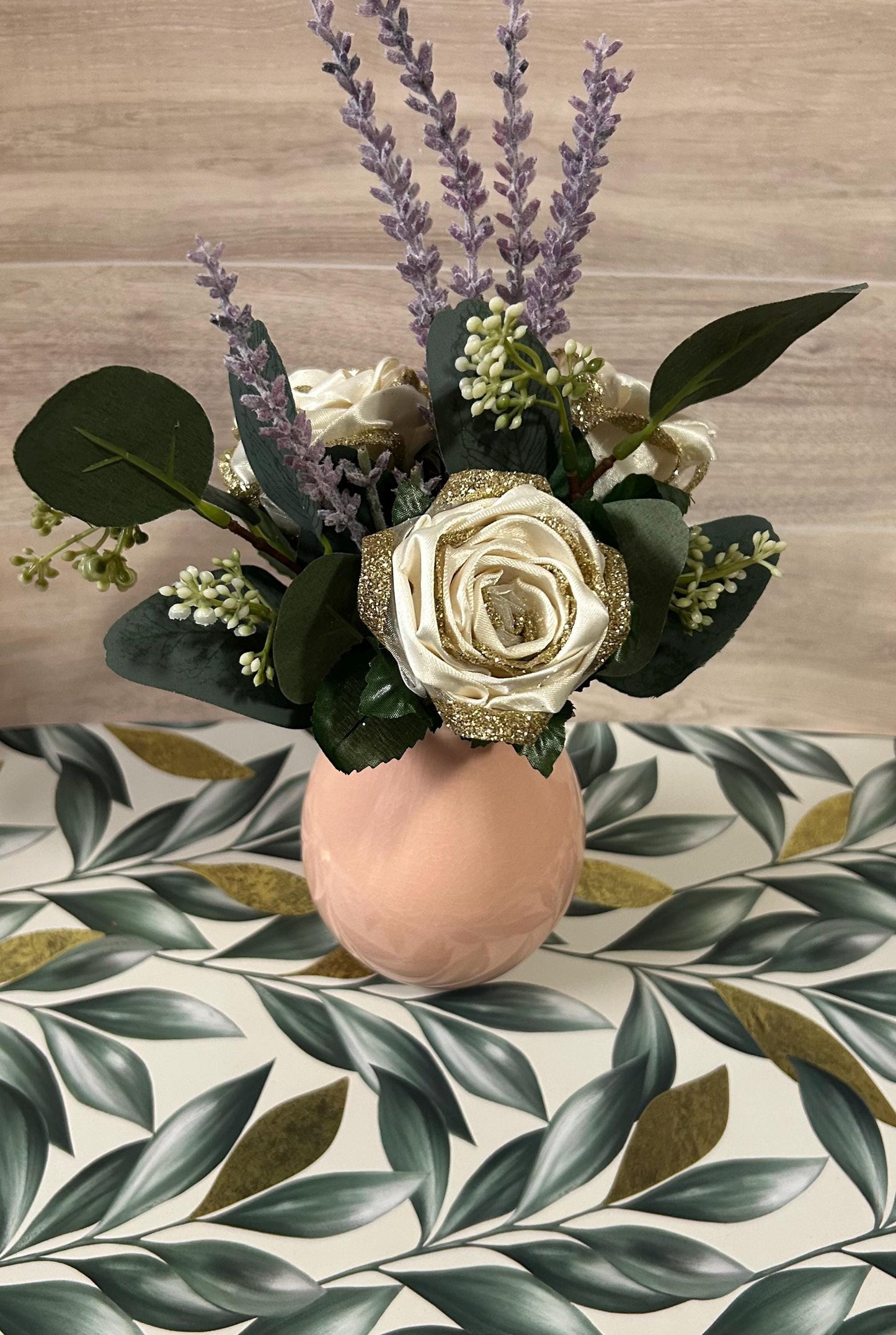 Small Gold & Cream Ribbon Rose Bouquet with Lavender- Faux Floral Arrangement in Pink Vase